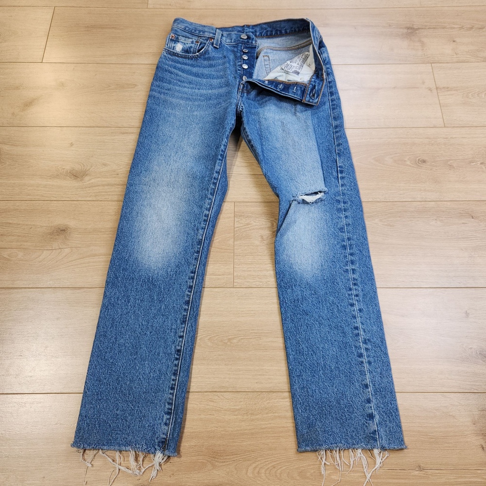Levis Premium 501 Jeans Womens 28x30 Blue Medium Wash Button Fly Distressed